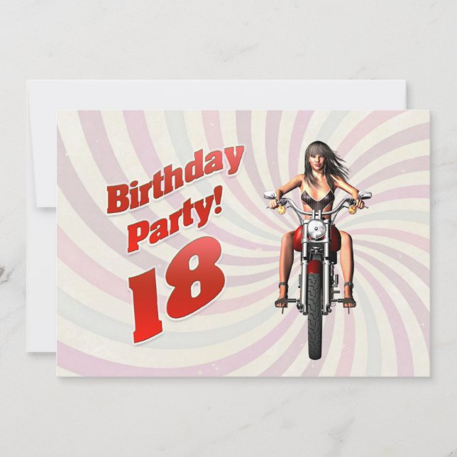 18th birthday party with a girl on a motorbike invitation (Front)