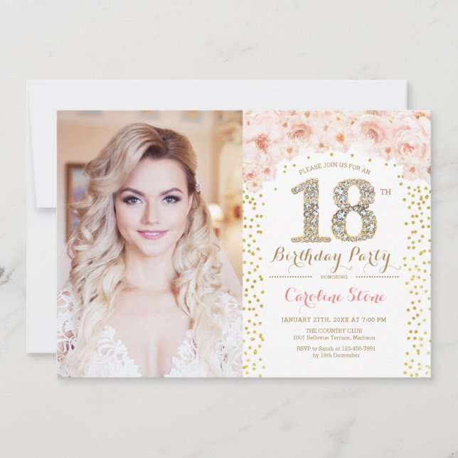 18th Birthday Party With Photo - Gold Pink Floral  Invitation (Front)