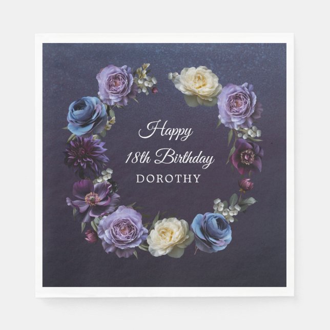 18th Birthday Personalised Moody Purple Flower Napkin (Front)