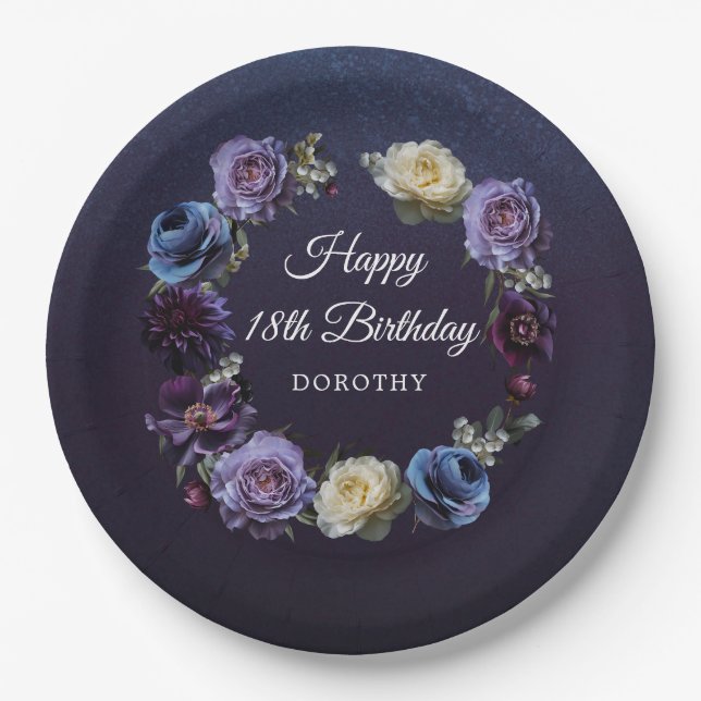 18th Birthday Personalised Moody Purple Flower Paper Plate (Front)
