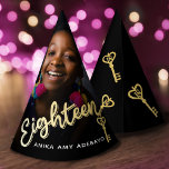 18th birthday personalised photo key to the door party hat<br><div class="desc">Add your own photo and name to this black and gold party hat. Ideal for 18th birthday party celebrations, add to your tables to help decorate the room and get everyone getting into the party fun and celebration! Simple black background with the photo of your choice and golden colour wording...</div>