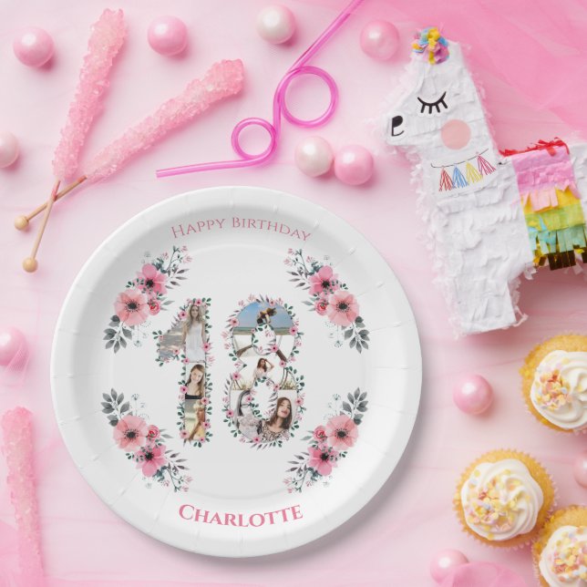 18th Birthday Photo Collage Girl Pink Flower White Paper Plate (Party)
