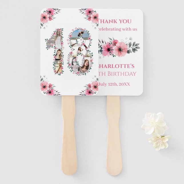 18th Birthday Photo Collage Pink Girl Flower White Hand Fan (Front and Back)