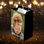 18th birthday photo hello 18 boy medium gift bag<br><div class="desc">Template for Your photo.  White text overlay: Hello 18!  A gift bag for a 18th birthday party for him.  Black bacground colour.</div>