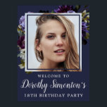 18th Birthday Photo Moody Purple Floral Welcome Poster<br><div class="desc">Moody and mysterious purple roses and peonies set the tone for this elegant 18th birthday welcome sign. White and blue flowers add a pop of colour to the dark watercolor wreath. The white text really pops! Formal but with a modern twist for the woman who has always had a sense...</div>