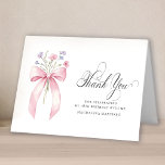 18th Birthday Photo Pink Bow Wildflower Folded Thank You Card<br><div class="desc">An Elegant pink bow with wildflowers decorates this birthday thank you card. Classic calligraphy spells thank you. Three lines of text let you personalise a thank you statement and your name. A photo is included inside,  as well as another thank you sentiment that you can personalise.</div>