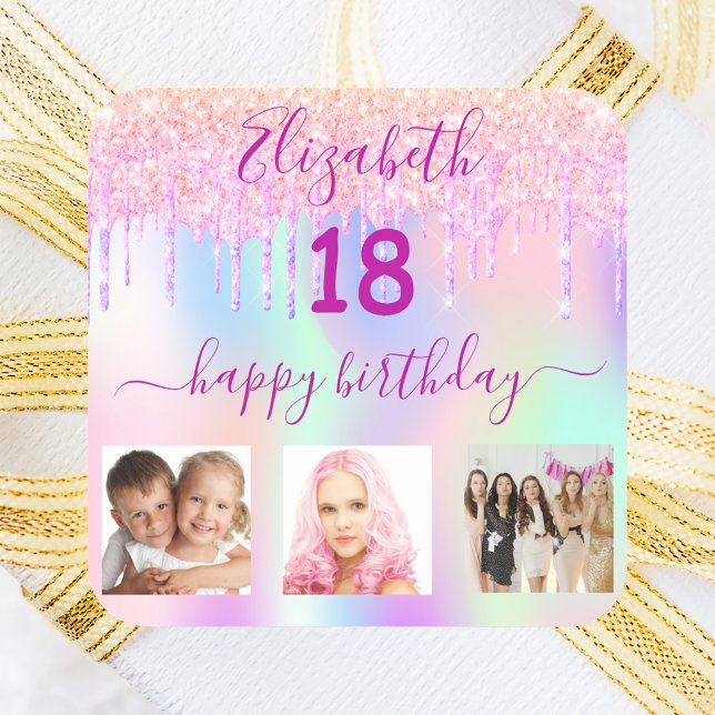 18th birthday photo pink glitter holographic square sticker (Creator Uploaded)