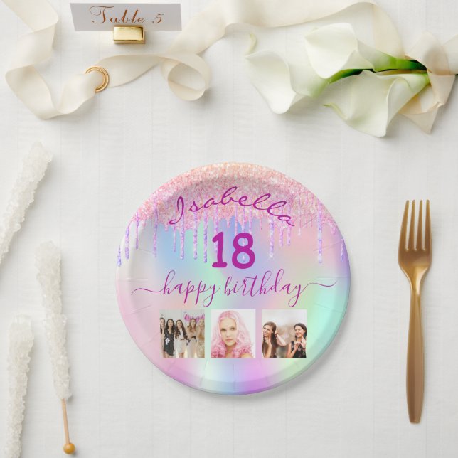 18th birthday photo pink purple holographic paper plate (Wedding)