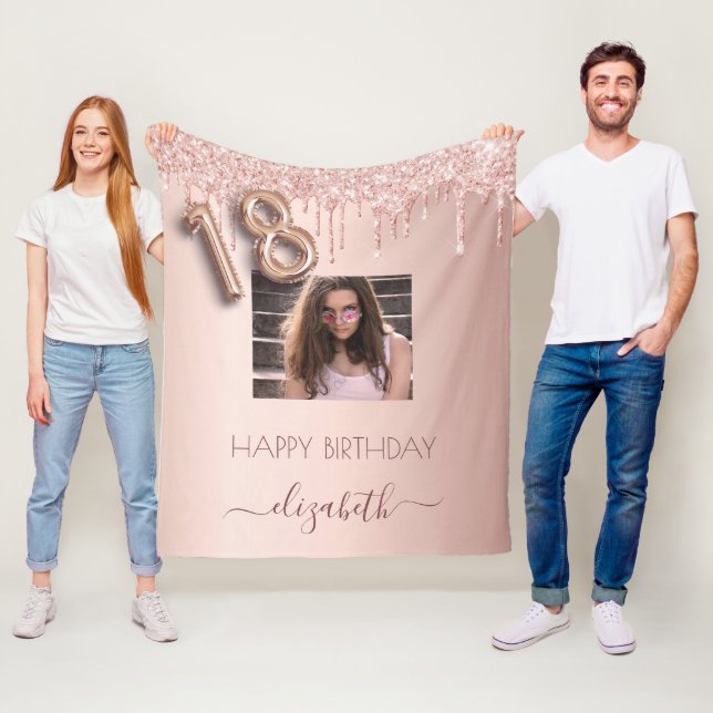 18th birthday photo rose gold glitter blush pink fleece blanket (In Situ)