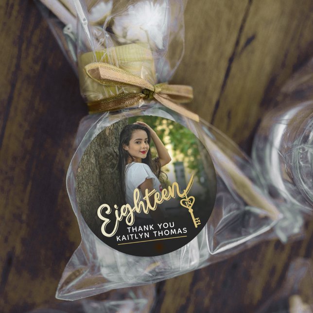 18th Birthday photo script gold effect 18 key Classic Round Sticker (Creator Uploaded)