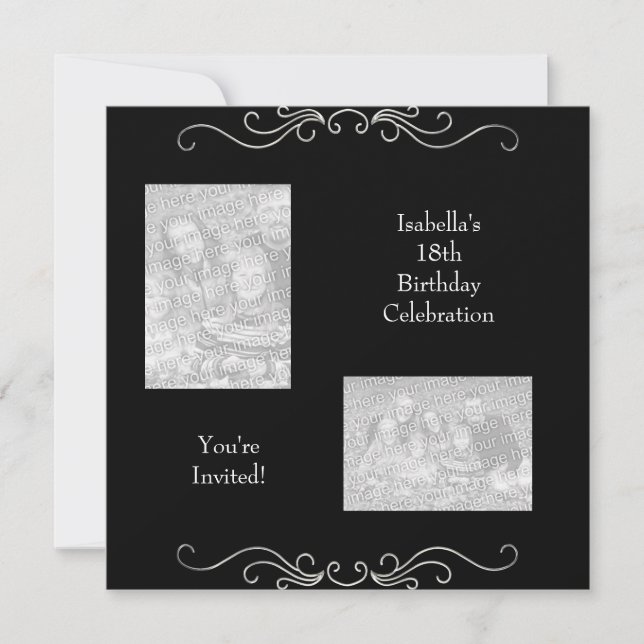 18th Birthday Photos Black Silver Trim Invitation (Front)