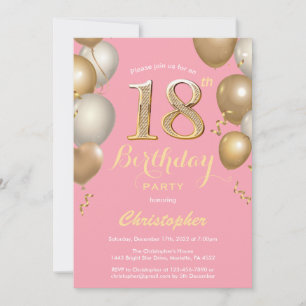 18th Birthday Pink and Gold Balloons Confetti Invitation