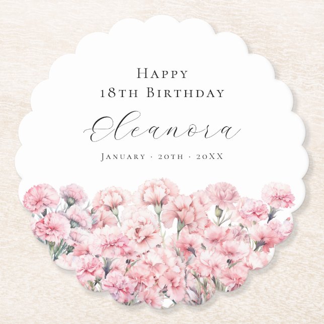 18th Birthday Pink Carnation January Birth Flower Paper Coaster (Front)