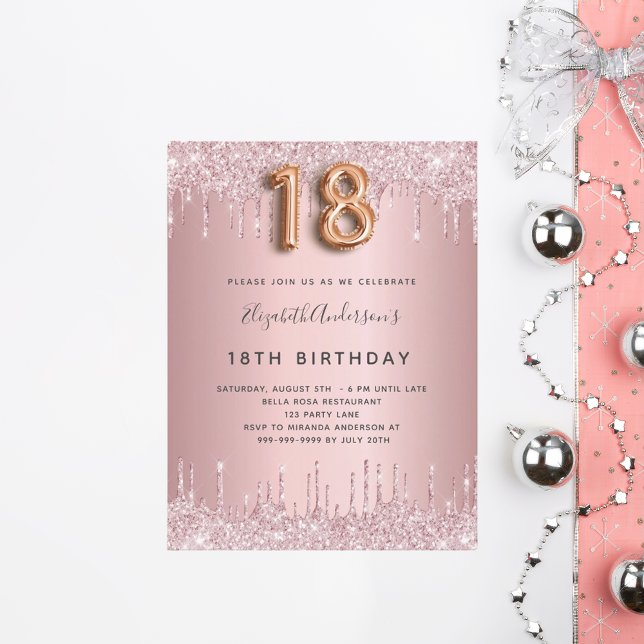 18th Birthday pink dusty rose glitter pink luxury Invitation Postcard (Creator Uploaded)