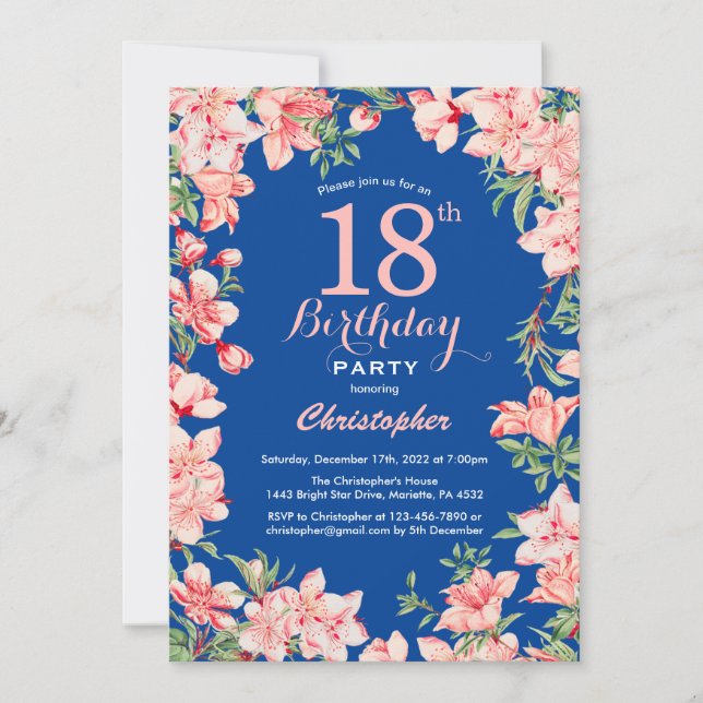 18th Birthday Pink Floral Flowers Blue Invitation (Front)
