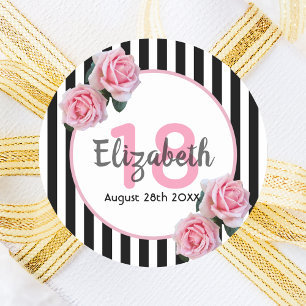 18th birthday pink florals black stripes name classic round sticker