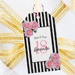 18th birthday pink florals roses black stripes gift tags<br><div class="desc">A gift tag for a 18th birthday party. Classic slim black and white vertical stripes as background. With girly and feminine pink roses as decoration. A white and black frame on front with template for age, name and date. Age number 18 in pink, name and date in black. The name...</div>
