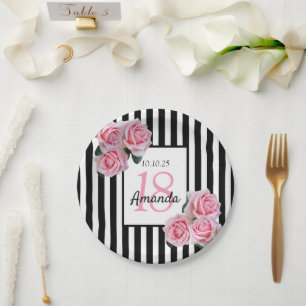 18th birthday pink flowers black white stripes paper plate