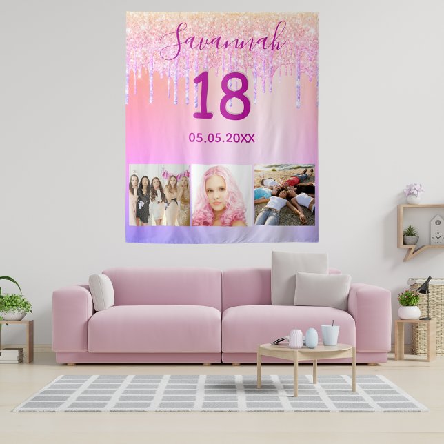 18th birthday pink purple photo glitter drips name tapestry (Creator Uploaded)
