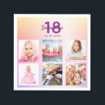 18th birthday pink purple rose gold photo name napkin<br><div class="desc">For a glamourous 18th birthday party, celebrating her life with a collage of 6 of your photos. Personalise and add a name, age 18 and a date. Date of birth or the date of the party. Purple and dark grey coloured letters. A trendy rainbow coloured background in purple, violet, pink...</div>