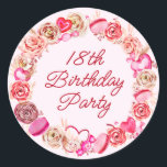 18th Birthday Pink Rose Swirly Heart Envelope Classic Round Sticker<br><div class="desc">This 18th birthday envelope seal adds a pretty touch to your invitation suite. Girly girls of all ages will love this feminine design. Pretty pink watercolor roses and whimsical swirly hearts create the perfect 18th birthday wreath for a February or Valentine's Day birthday. Candy and macarons add to the sweet...</div>