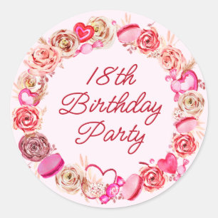 18th Birthday Pink Rose Swirly Heart Envelope Classic Round Sticker