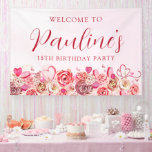 18th Birthday Pink Rose Swirly Heart Welcome Banner<br><div class="desc">Girly girls of all ages will love this feminine design. Pretty pink watercolor roses and whimsical swirly hearts create the perfect 18th birthday welcome sign for a February or Valentine's Day birthday. Candy and macarons add to the sweet design. The softest pink watercolor wash frames the text and graphics perfectly....</div>