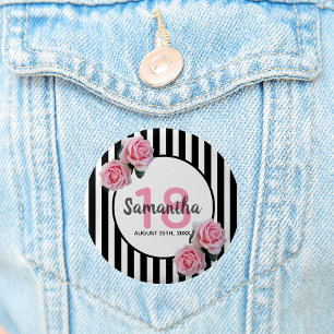 18th birthday pink roses black white stripes 6 cm round badge