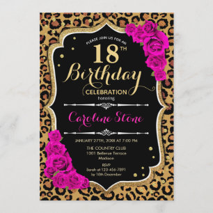 18th Birthday - Pink Roses Leopard Print Invitation