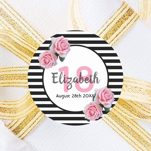 18th birthday pink roses on black white stripes classic round sticker (Creator Uploaded)