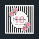 18th birthday pink roses on black white stripes napkin<br><div class="desc">A napkin for a 18th birthday party. Classic slim black and white vertical stripes as background. With girly and feminine pink roses as decoration. A white and pink frame on front with template for age, name and date. Age number in pink, name and date in black. The name is written...</div>