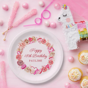 18th Birthday Pink Roses Swirly Heart Paper Plate