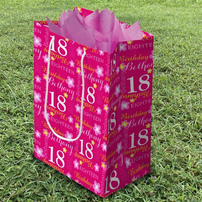 18th Birthday pink yellow custom name gift bag (Creator Uploaded)