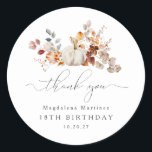 18th Birthday Pumpkin Fall Flower Thank You Classic Round Sticker<br><div class="desc">Modern and elegant white pumpkin and fall flowers floral design. The soft watercolor palette is a sophisticated blend of soft pink and dark rich golden yellow and brown. The fall leaves surround the white pumpkin for a special autumn display. Perfect for your fall birthday party.</div>