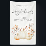 18th Birthday Pumpkin Fall Leaves Vertical Outdoor Banner<br><div class="desc">Fall pumpkins are nestled in delicate golden yellow and orange fall leaves to create an elegant party decoration. All of the text is editable so you can easily craft your own special message.</div>
