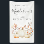 18th Birthday Pumpkin Fall Leaves Vertical Outdoor Banner<br><div class="desc">Fall pumpkins are nestled in delicate golden yellow and orange fall leaves to create an elegant party decoration. All of the text is editable so you can easily craft your own special message.</div>