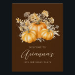 18th Birthday Pumpkin Rustic Fall Welcome Sign<br><div class="desc">Elegant orange watercolor pumpkins are surrounded by fall flowers and foliage. The rich dark background frames it to perfection,  making it perfect for an autumn birthday party. Available on paper or as a digital download.</div>