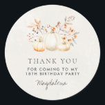 18th Birthday Pumpkin Thank You Favour Classic Round Sticker<br><div class="desc">Modern and elegant white pumpkin and fall leaves botanical design. The soft watercolor palette is a sophisticated blend of soft terracotta golden yellow sage and brown. Perfect for your fall birthday party.</div>