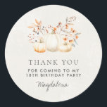 18th Birthday Pumpkin Thank You Favour Classic Round Sticker<br><div class="desc">Modern and elegant white pumpkin and fall leaves botanical design. The soft watercolor palette is a sophisticated blend of soft terracotta golden yellow sage and brown. Perfect for your fall birthday party.</div>