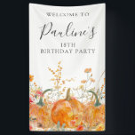 18th Birthday Pumpkin Wildflower Vertical Outdoor Banner<br><div class="desc">Fall pumpkins are nestled in delicate golden yellow and orange wildflowers to create an elegant aesthetic. All of the text is editable so you can easily craft your own special mood.</div>