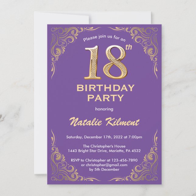 18th Birthday Purple and Gold Glitter Frame Invitation (Front)