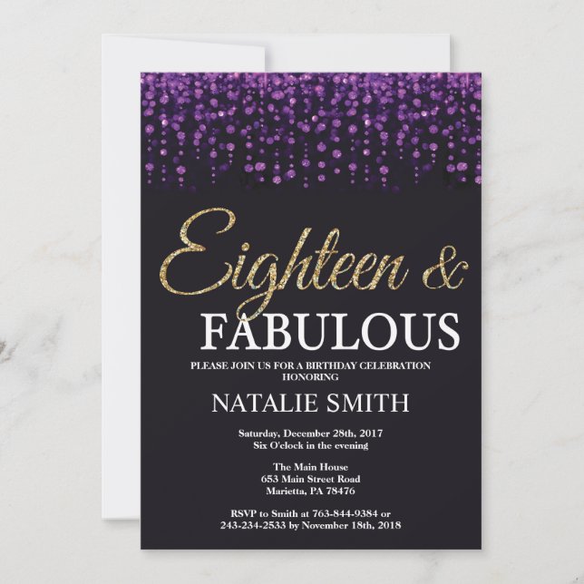 18th Birthday Purple and Gold Glitter Invitation (Front)