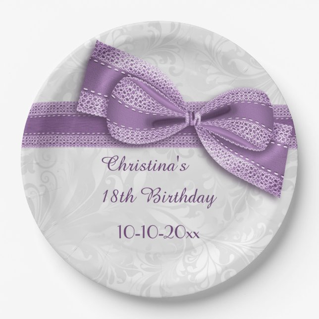 18th Birthday Purple Damask and Faux Bow Paper Plate (Front)