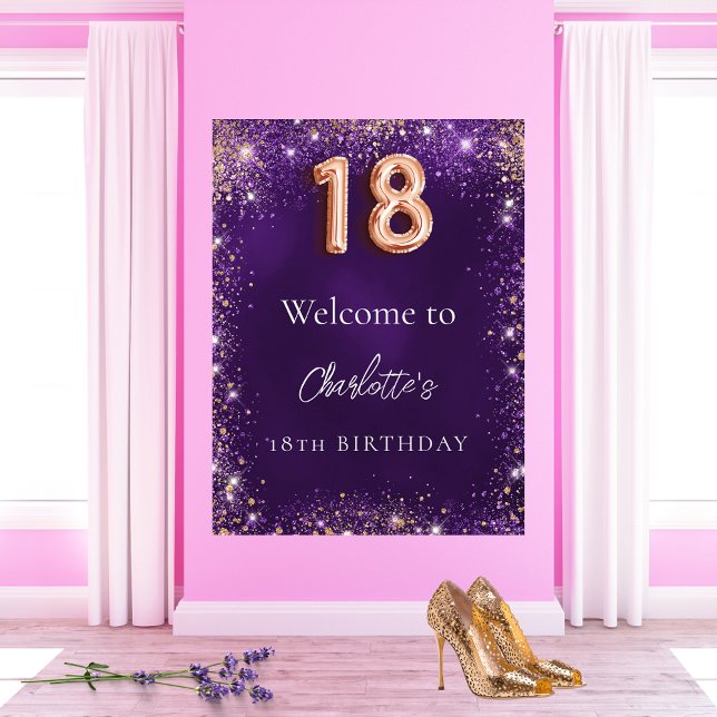 18th birthday purple glitter sparkles welcome poster (Creator Uploaded)