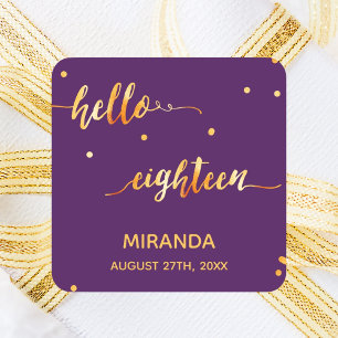 18th birthday purple gold hello 18 script name square sticker