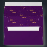 18th birthday purple gold hello 18 typography envelope<br><div class="desc">Outside: purple background colour. Back: template for a name and address. Inside: Purple background and faux gold text written with a trendy hand-lettered style script: hello eighteen. With golden dots as decor. A cool and trendy envelope for your 18th birthday party invitations, save the dates or thank you cards, ...</div>