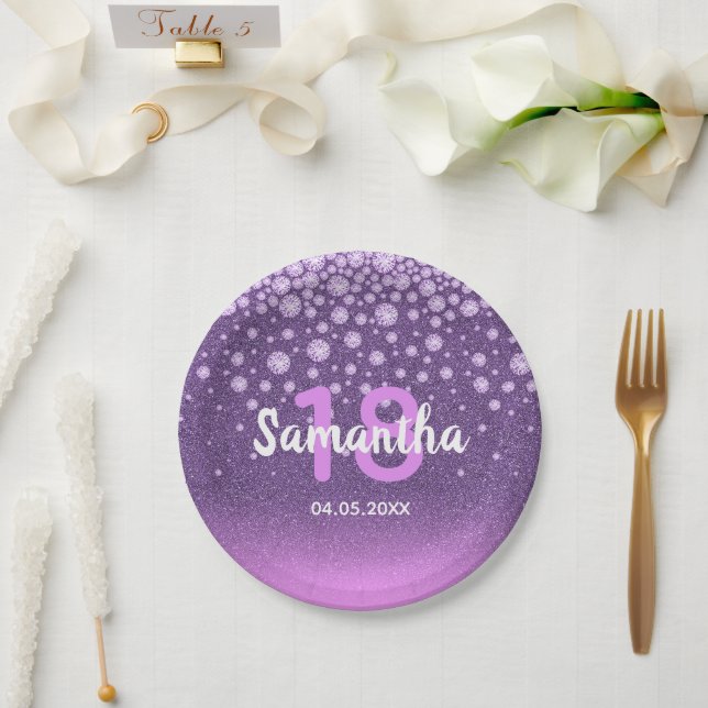 18th birthday purple pink glitter name paper plate (Wedding)