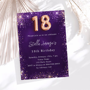 18th Birthday purple rose gold sparkles Invitation