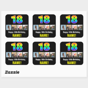 18th Birthday: Rainbow “18”; Custom Photos & Name Square Sticker
