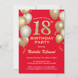 18th Birthday Red and Gold Glitter Balloons Invitation